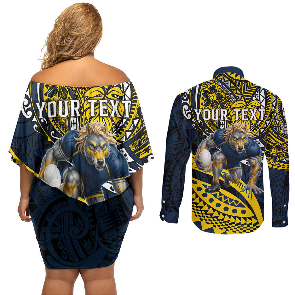Personalised North Queensland Cowboys Couples Matching Off Shoulder Short Dress and Long Sleeve Button Shirt Polynesian Tribal Art Style With Powerful Blue Heeler Mascot
