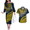 Personalised North Queensland Cowboys Couples Matching Off The Shoulder Long Sleeve Dress and Hawaiian Shirt Polynesian Tribal Art Style With Powerful Blue Heeler Mascot