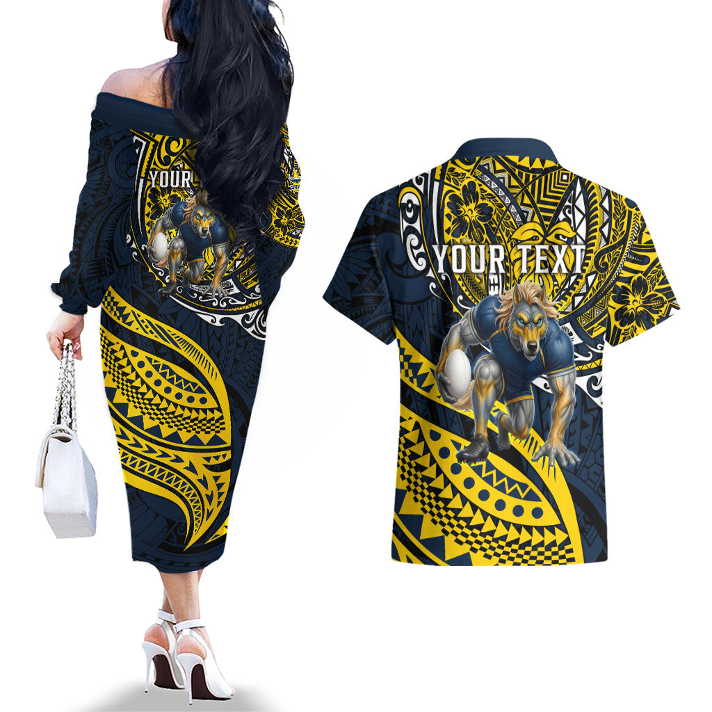 Personalised North Queensland Cowboys Couples Matching Off The Shoulder Long Sleeve Dress and Hawaiian Shirt Polynesian Tribal Art Style With Powerful Blue Heeler Mascot