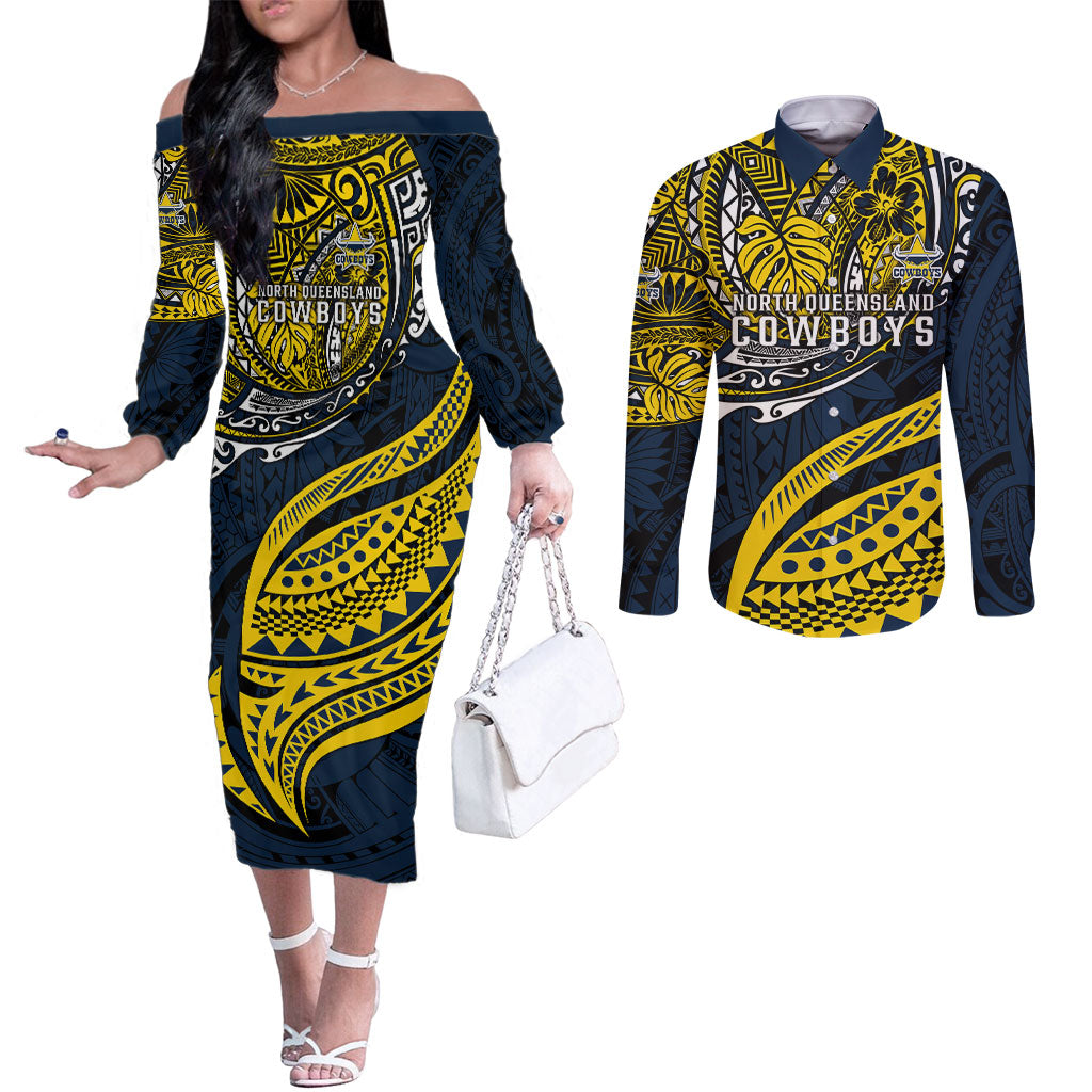 Personalised North Queensland Cowboys Couples Matching Off The Shoulder Long Sleeve Dress and Long Sleeve Button Shirt Polynesian Tribal Art Style With Powerful Blue Heeler Mascot