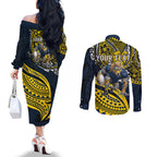 Personalised North Queensland Cowboys Couples Matching Off The Shoulder Long Sleeve Dress and Long Sleeve Button Shirt Polynesian Tribal Art Style With Powerful Blue Heeler Mascot