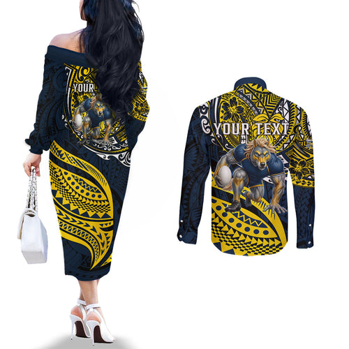Personalised North Queensland Cowboys Couples Matching Off The Shoulder Long Sleeve Dress and Long Sleeve Button Shirt Polynesian Tribal Art Style With Powerful Blue Heeler Mascot