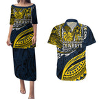 Personalised North Queensland Cowboys Couples Matching Puletasi and Hawaiian Shirt Polynesian Tribal Art Style With Powerful Blue Heeler Mascot