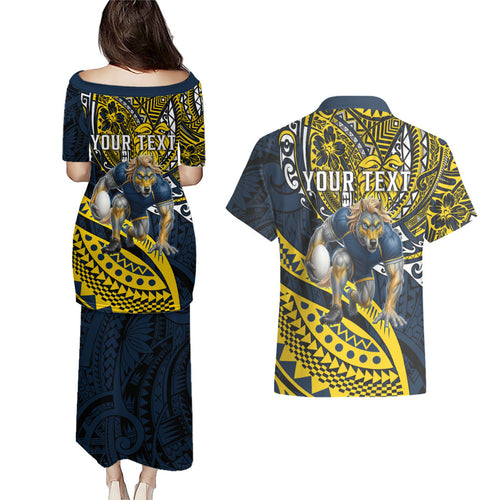 Personalised North Queensland Cowboys Couples Matching Puletasi and Hawaiian Shirt Polynesian Tribal Art Style With Powerful Blue Heeler Mascot