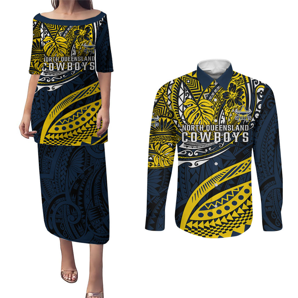 Personalised North Queensland Cowboys Couples Matching Puletasi and Long Sleeve Button Shirt Polynesian Tribal Art Style With Powerful Blue Heeler Mascot