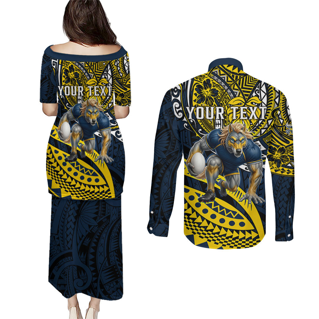 Personalised North Queensland Cowboys Couples Matching Puletasi and Long Sleeve Button Shirt Polynesian Tribal Art Style With Powerful Blue Heeler Mascot