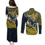 Personalised North Queensland Cowboys Couples Matching Puletasi and Long Sleeve Button Shirt Polynesian Tribal Art Style With Powerful Blue Heeler Mascot