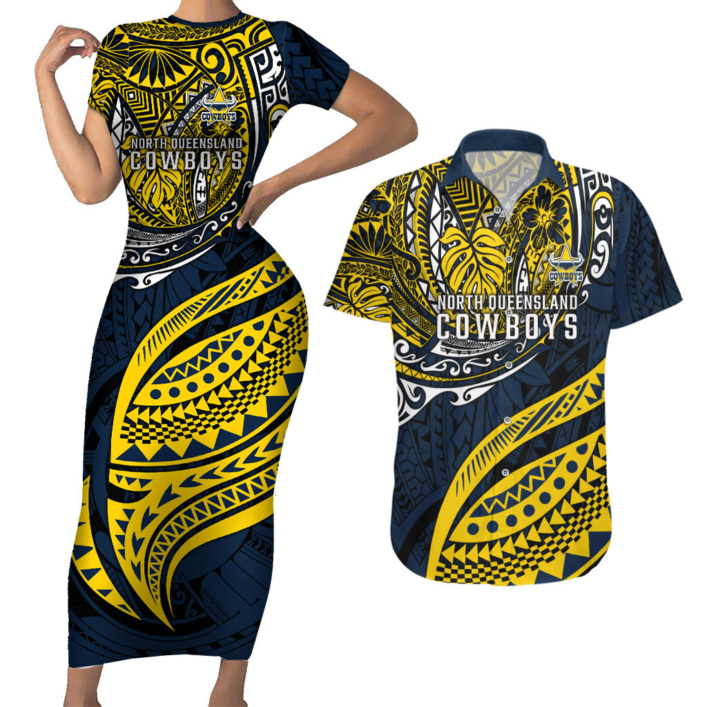 Personalised North Queensland Cowboys Couples Matching Short Sleeve Bodycon Dress and Hawaiian Shirt Polynesian Tribal Art Style With Powerful Blue Heeler Mascot