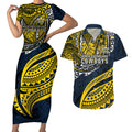 Personalised North Queensland Cowboys Couples Matching Short Sleeve Bodycon Dress and Hawaiian Shirt Polynesian Tribal Art Style With Powerful Blue Heeler Mascot