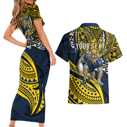 Personalised North Queensland Cowboys Couples Matching Short Sleeve Bodycon Dress and Hawaiian Shirt Polynesian Tribal Art Style With Powerful Blue Heeler Mascot