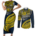 Personalised North Queensland Cowboys Couples Matching Short Sleeve Bodycon Dress and Long Sleeve Button Shirt Polynesian Tribal Art Style With Powerful Blue Heeler Mascot