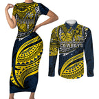 Personalised North Queensland Cowboys Couples Matching Short Sleeve Bodycon Dress and Long Sleeve Button Shirt Polynesian Tribal Art Style With Powerful Blue Heeler Mascot