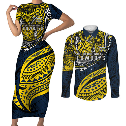 Personalised North Queensland Cowboys Couples Matching Short Sleeve Bodycon Dress and Long Sleeve Button Shirt Polynesian Tribal Art Style With Powerful Blue Heeler Mascot