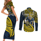 Personalised North Queensland Cowboys Couples Matching Short Sleeve Bodycon Dress and Long Sleeve Button Shirt Polynesian Tribal Art Style With Powerful Blue Heeler Mascot