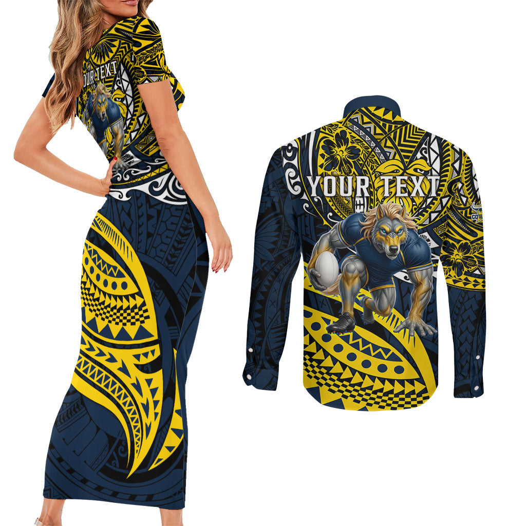 Personalised North Queensland Cowboys Couples Matching Short Sleeve Bodycon Dress and Long Sleeve Button Shirt Polynesian Tribal Art Style With Powerful Blue Heeler Mascot