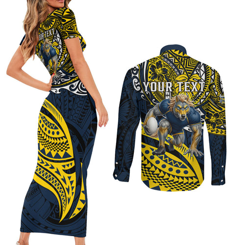 Personalised North Queensland Cowboys Couples Matching Short Sleeve Bodycon Dress and Long Sleeve Button Shirt Polynesian Tribal Art Style With Powerful Blue Heeler Mascot