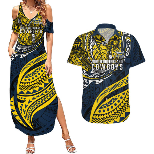 Personalised North Queensland Cowboys Couples Matching Summer Maxi Dress and Hawaiian Shirt Polynesian Tribal Art Style With Powerful Blue Heeler Mascot