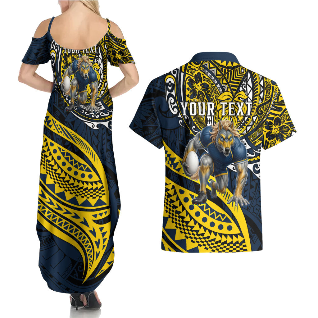 Personalised North Queensland Cowboys Couples Matching Summer Maxi Dress and Hawaiian Shirt Polynesian Tribal Art Style With Powerful Blue Heeler Mascot