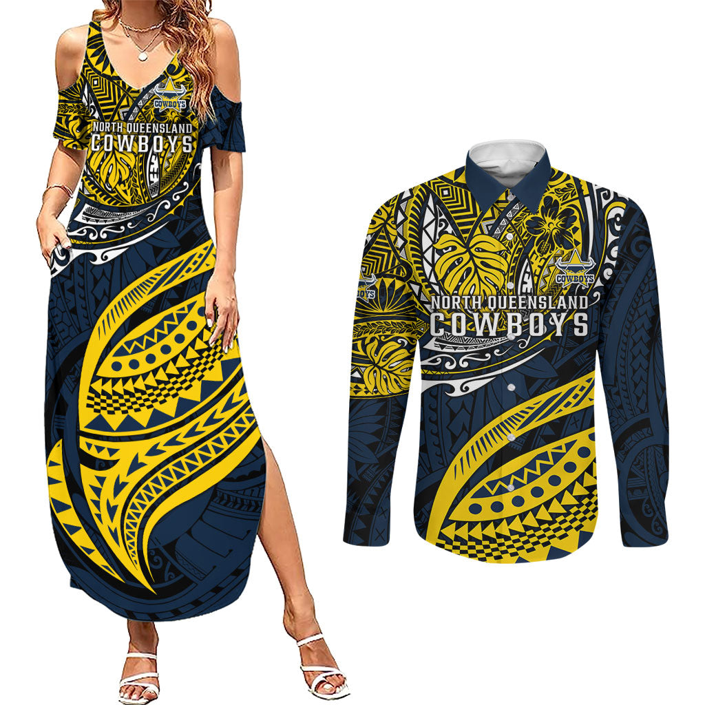 Personalised North Queensland Cowboys Couples Matching Summer Maxi Dress and Long Sleeve Button Shirt Polynesian Tribal Art Style With Powerful Blue Heeler Mascot