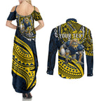 Personalised North Queensland Cowboys Couples Matching Summer Maxi Dress and Long Sleeve Button Shirt Polynesian Tribal Art Style With Powerful Blue Heeler Mascot