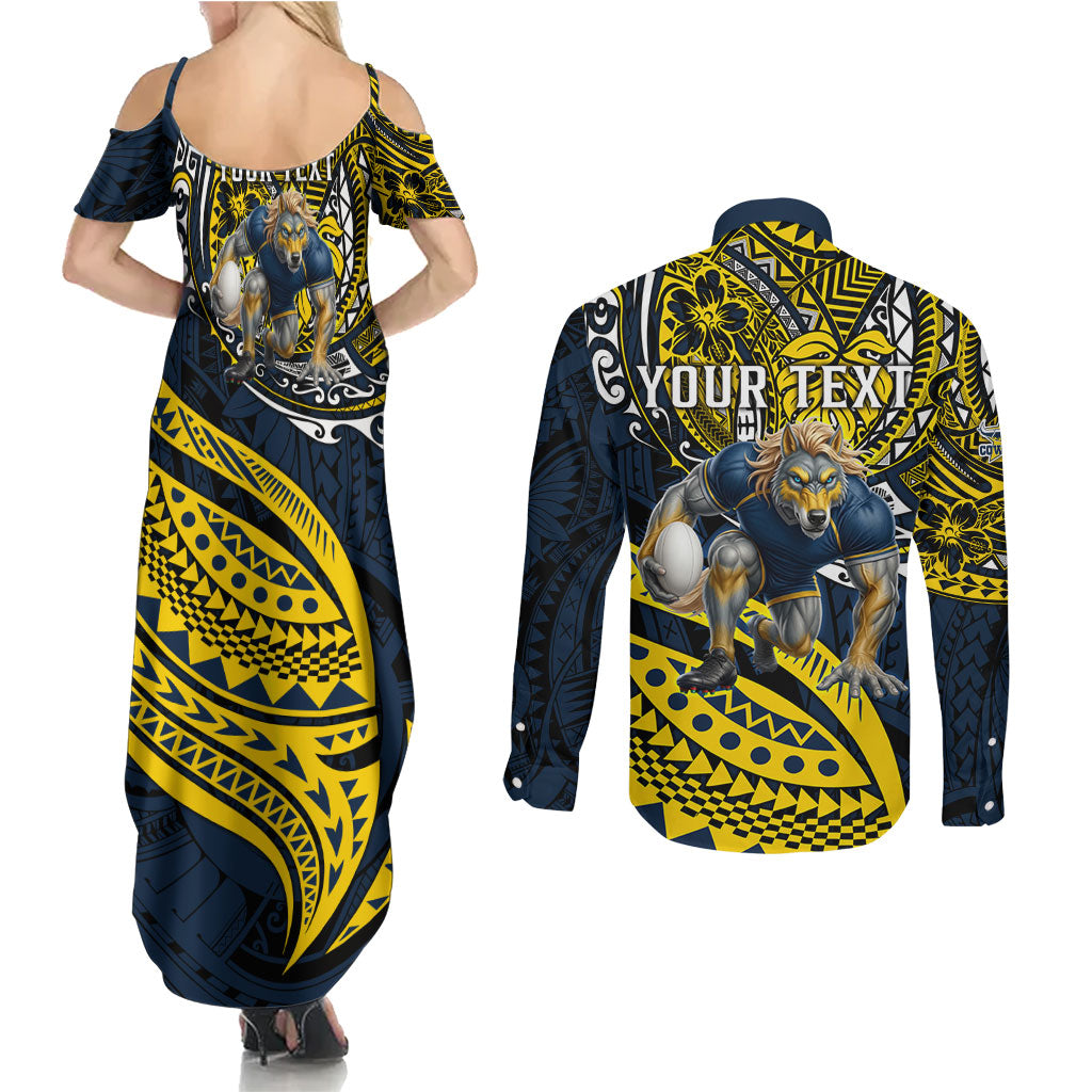 Personalised North Queensland Cowboys Couples Matching Summer Maxi Dress and Long Sleeve Button Shirt Polynesian Tribal Art Style With Powerful Blue Heeler Mascot