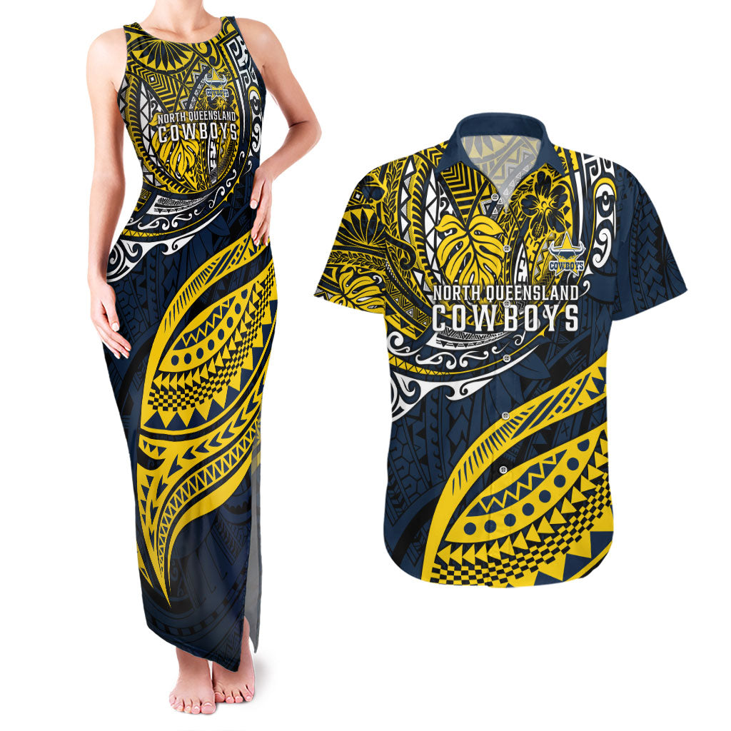 Personalised North Queensland Cowboys Couples Matching Tank Maxi Dress and Hawaiian Shirt Polynesian Tribal Art Style With Powerful Blue Heeler Mascot