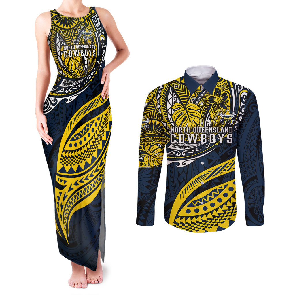 Personalised North Queensland Cowboys Couples Matching Tank Maxi Dress and Long Sleeve Button Shirt Polynesian Tribal Art Style With Powerful Blue Heeler Mascot