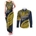Personalised North Queensland Cowboys Couples Matching Tank Maxi Dress and Long Sleeve Button Shirt Polynesian Tribal Art Style With Powerful Blue Heeler Mascot