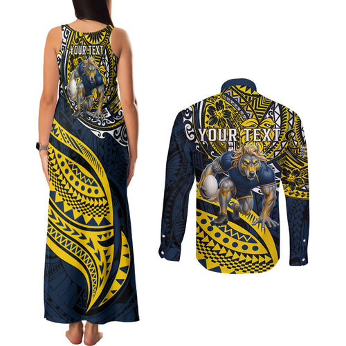 Personalised North Queensland Cowboys Couples Matching Tank Maxi Dress and Long Sleeve Button Shirt Polynesian Tribal Art Style With Powerful Blue Heeler Mascot