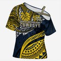 Personalised North Queensland Cowboys Cross Shoulder Shirt Polynesian Tribal Art Style With Powerful Blue Heeler Mascot