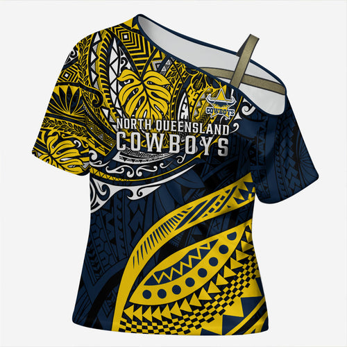 Personalised North Queensland Cowboys Cross Shoulder Shirt Polynesian Tribal Art Style With Powerful Blue Heeler Mascot