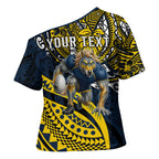 Personalised North Queensland Cowboys Cross Shoulder Shirt Polynesian Tribal Art Style With Powerful Blue Heeler Mascot