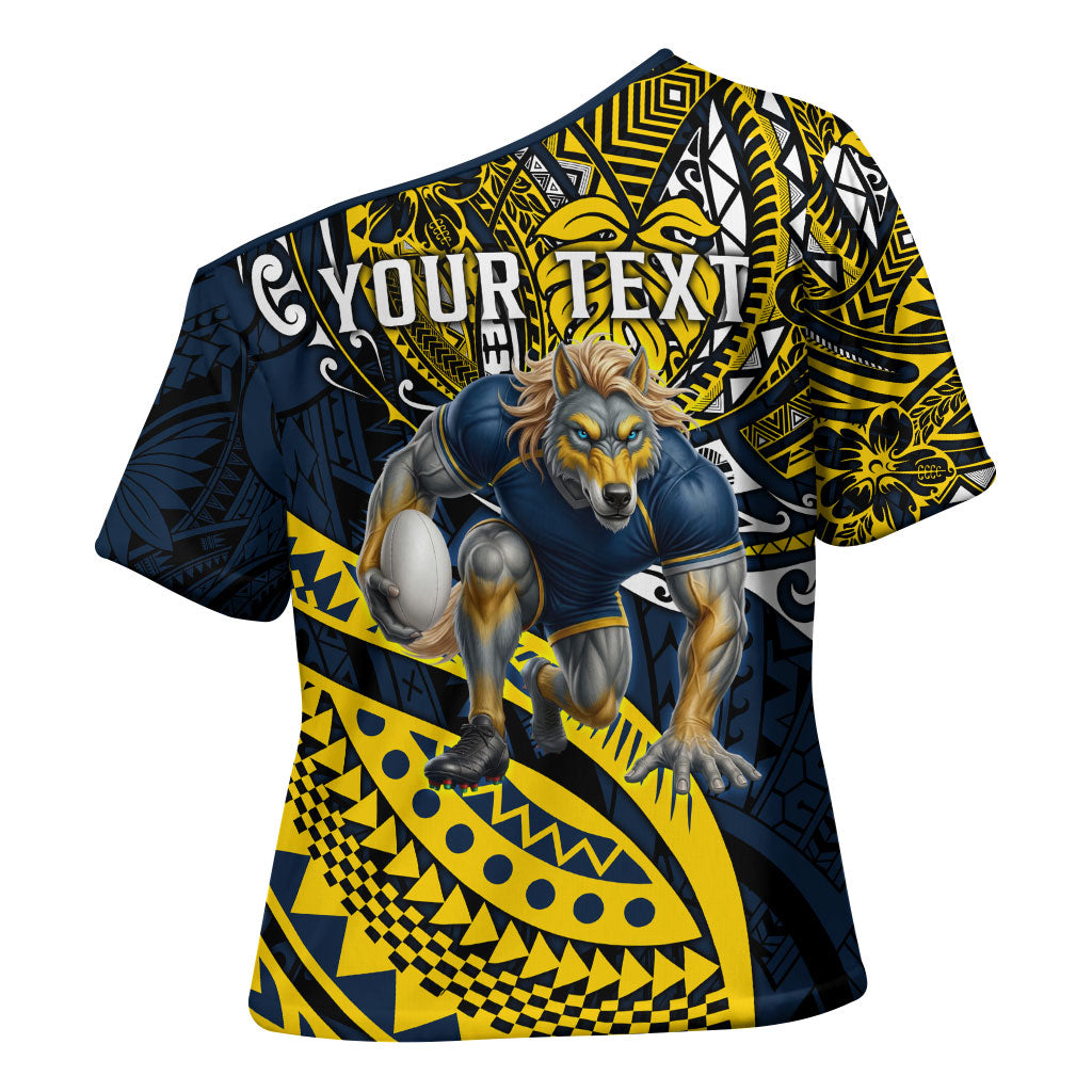 Personalised North Queensland Cowboys Cross Shoulder Shirt Polynesian Tribal Art Style With Powerful Blue Heeler Mascot