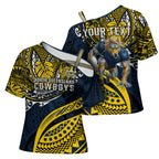 Personalised North Queensland Cowboys Cross Shoulder Shirt Polynesian Tribal Art Style With Powerful Blue Heeler Mascot