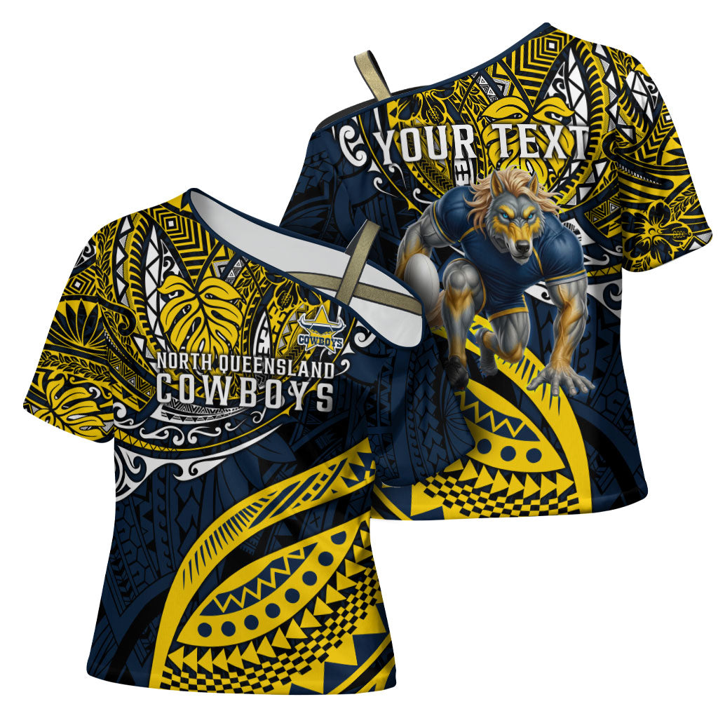 Personalised North Queensland Cowboys Cross Shoulder Shirt Polynesian Tribal Art Style With Powerful Blue Heeler Mascot
