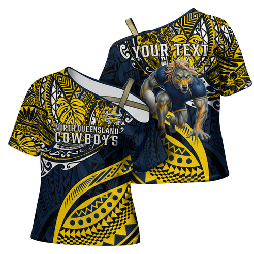 Personalised North Queensland Cowboys Cross Shoulder Shirt Polynesian Tribal Art Style With Powerful Blue Heeler Mascot