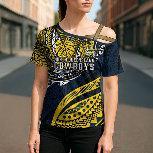 Personalised North Queensland Cowboys Cross Shoulder Shirt Polynesian Tribal Art Style With Powerful Blue Heeler Mascot