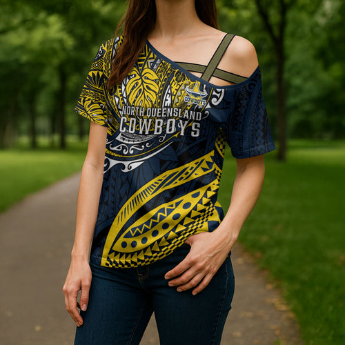 Personalised North Queensland Cowboys Cross Shoulder Shirt Polynesian Tribal Art Style With Powerful Blue Heeler Mascot