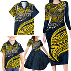 Personalised North Queensland Cowboys Family Matching Long Sleeve Bodycon Dress and Hawaiian Shirt Polynesian Tribal Art Style With Powerful Blue Heeler Mascot