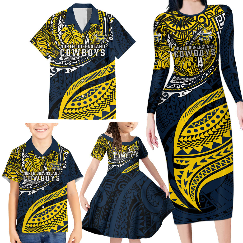 Personalised North Queensland Cowboys Family Matching Long Sleeve Bodycon Dress and Hawaiian Shirt Polynesian Tribal Art Style With Powerful Blue Heeler Mascot