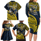 Personalised North Queensland Cowboys Family Matching Long Sleeve Bodycon Dress and Hawaiian Shirt Polynesian Tribal Art Style With Powerful Blue Heeler Mascot