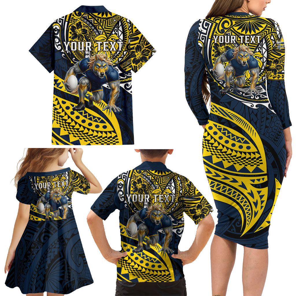 Personalised North Queensland Cowboys Family Matching Long Sleeve Bodycon Dress and Hawaiian Shirt Polynesian Tribal Art Style With Powerful Blue Heeler Mascot