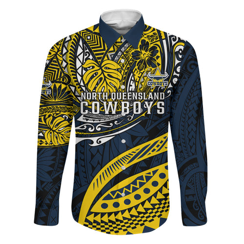 Personalised North Queensland Cowboys Family Matching Long Sleeve Bodycon Dress and Hawaiian Shirt Polynesian Tribal Art Style With Powerful Blue Heeler Mascot