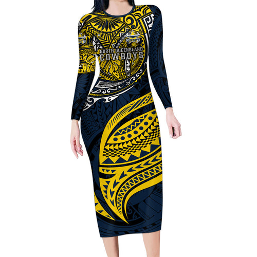 Personalised North Queensland Cowboys Family Matching Long Sleeve Bodycon Dress and Hawaiian Shirt Polynesian Tribal Art Style With Powerful Blue Heeler Mascot