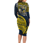 Personalised North Queensland Cowboys Family Matching Long Sleeve Bodycon Dress and Hawaiian Shirt Polynesian Tribal Art Style With Powerful Blue Heeler Mascot