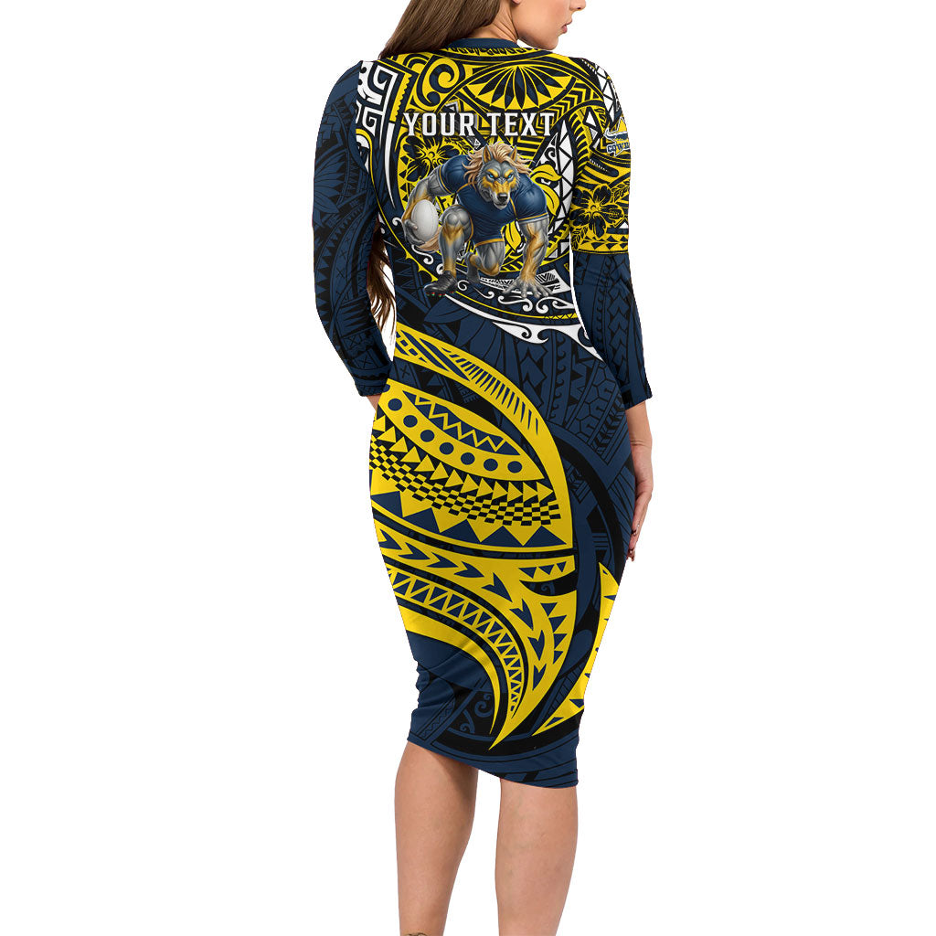 Personalised North Queensland Cowboys Family Matching Long Sleeve Bodycon Dress and Hawaiian Shirt Polynesian Tribal Art Style With Powerful Blue Heeler Mascot