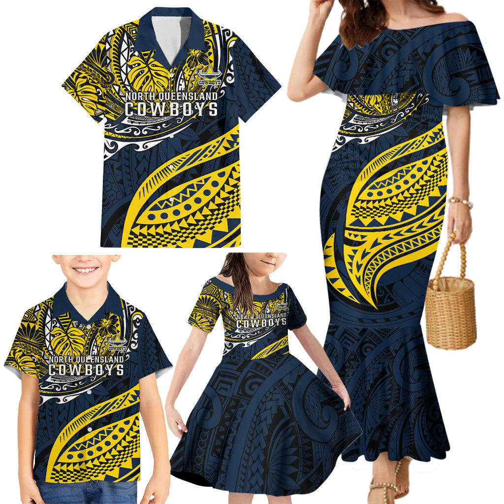 Personalised North Queensland Cowboys Family Matching Mermaid Dress and Hawaiian Shirt Polynesian Tribal Art Style With Powerful Blue Heeler Mascot
