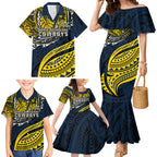 Personalised North Queensland Cowboys Family Matching Mermaid Dress and Hawaiian Shirt Polynesian Tribal Art Style With Powerful Blue Heeler Mascot