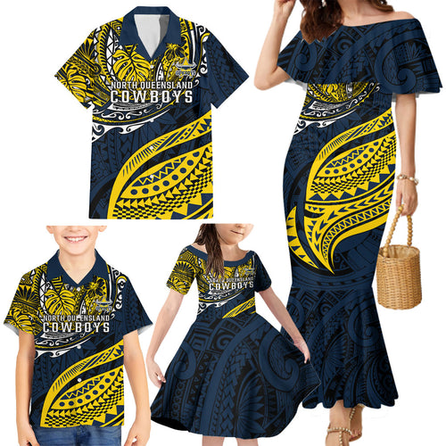 Personalised North Queensland Cowboys Family Matching Mermaid Dress and Hawaiian Shirt Polynesian Tribal Art Style With Powerful Blue Heeler Mascot