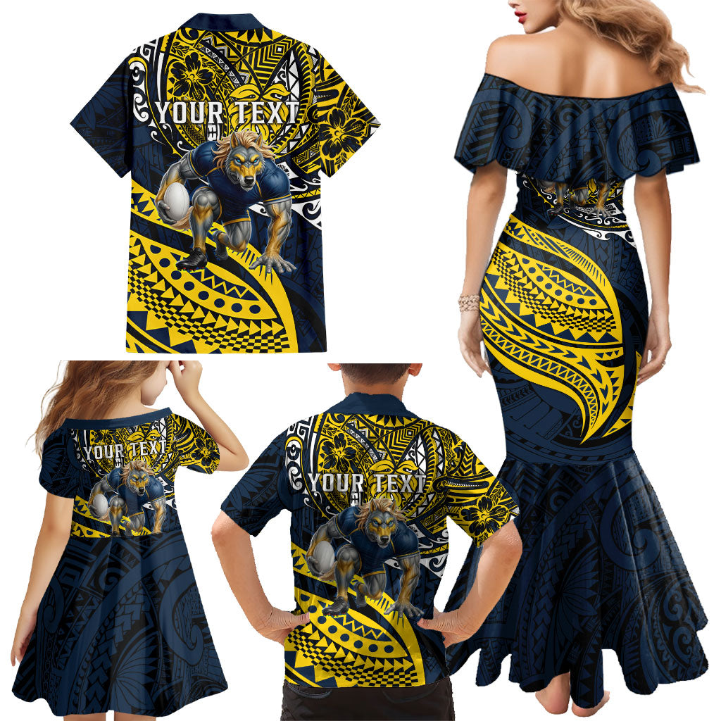 Personalised North Queensland Cowboys Family Matching Mermaid Dress and Hawaiian Shirt Polynesian Tribal Art Style With Powerful Blue Heeler Mascot